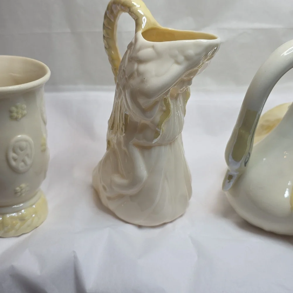 Belleek Erne Vase, Undine Water Maiden Girl Creamer, Swan Creamer - Picture 6 of 11
